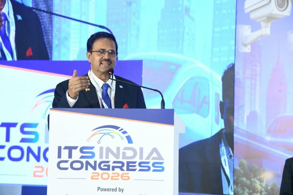 Akhilesh Srivastava, President of ITS India Forum, addressing ITS India Congress 2026 at Bharat Mandapam, New Delhi