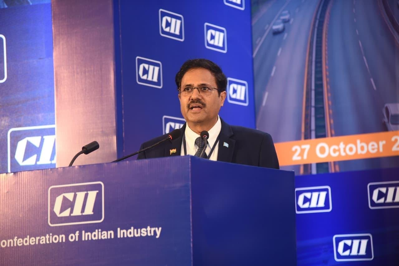 Akhilesh Srivastava speaking on V2X road safety at CII Highways of India's Future conference, New Delhi